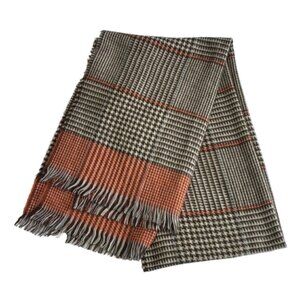 🧡 Brown, Cream & Orange Houndstooth Patterned Blanket Scarf With Fringe 🧡